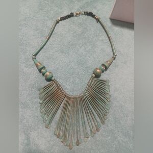 Vintage Egyptian Green Mid Century Green and Gold Metal Statement Necklace